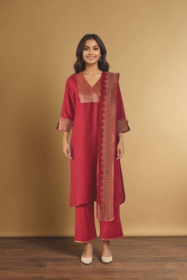 Red Brocade Pure Viscose Kurta Set thumbnail image number null