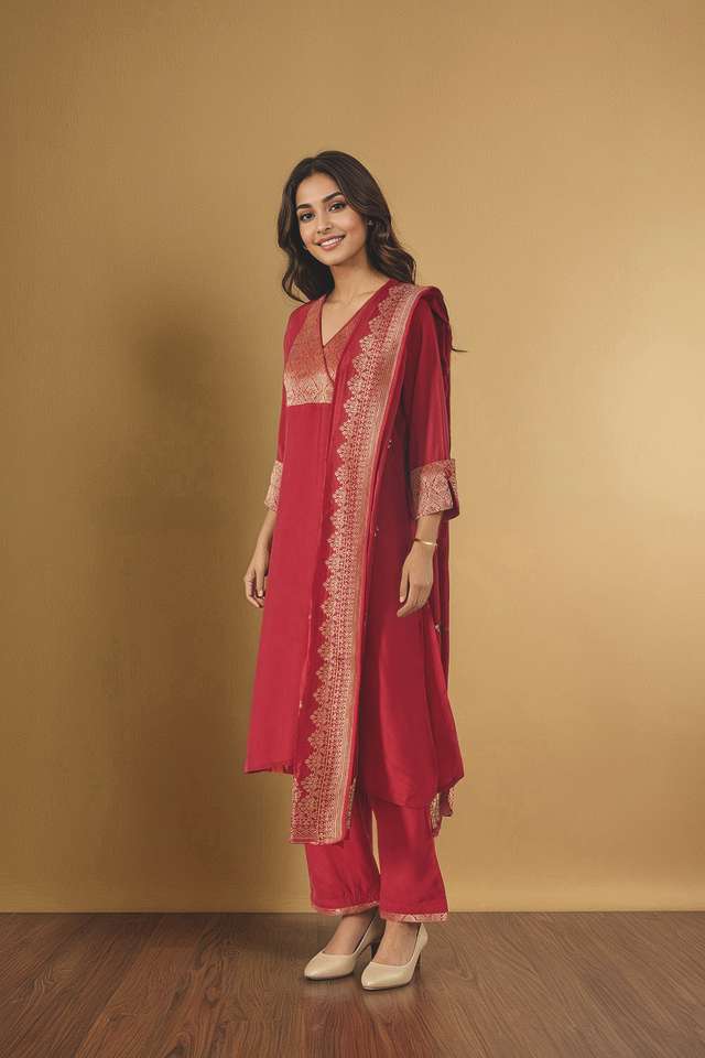 Red Brocade Pure Viscose Kurta Set thumbnail image number null
