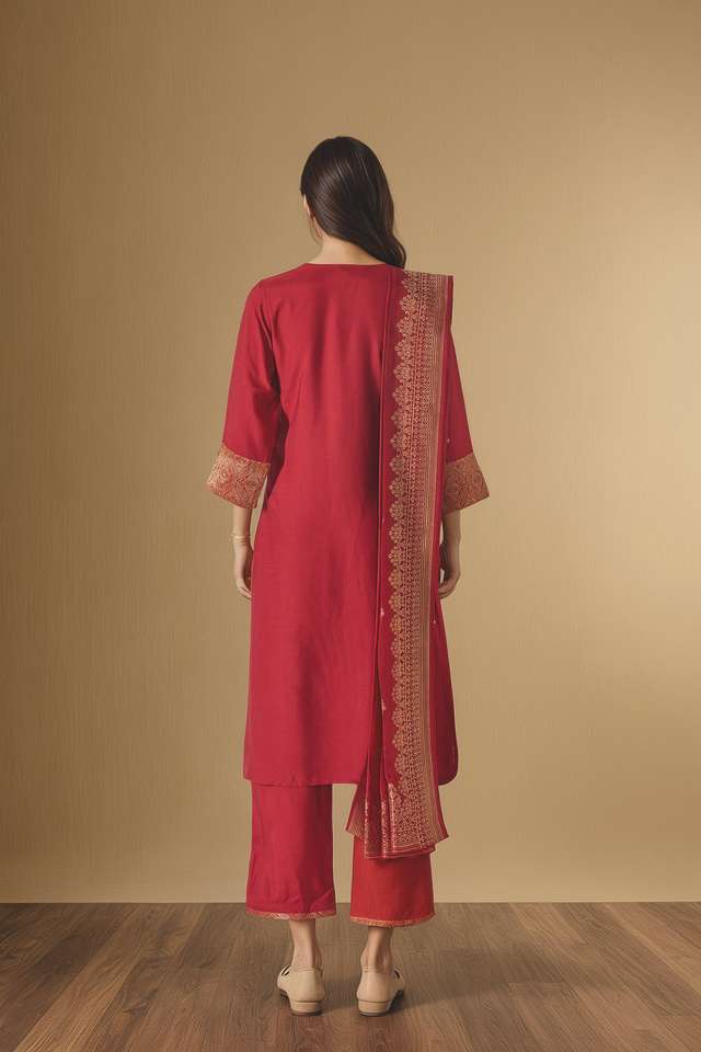 Red Brocade Pure Viscose Kurta Set thumbnail image number null