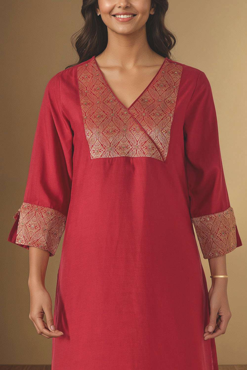 Red Brocade Pure Viscose Kurta Set image number null