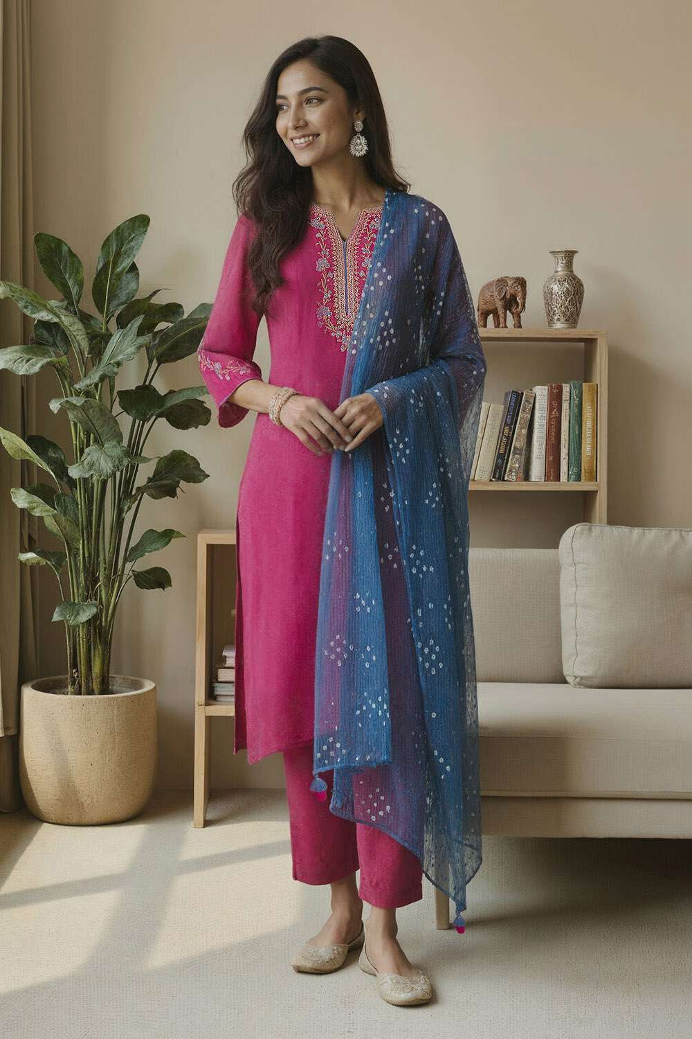 Dark Pink Pure Silk Cotton Embroidered Kurta Set image number null