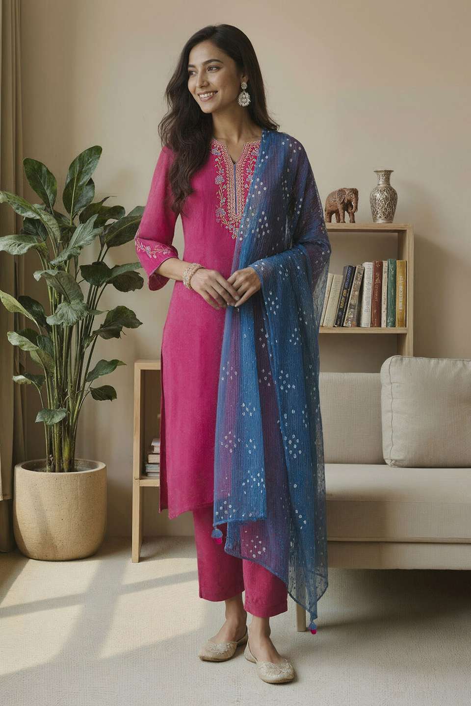 Dark Pink Pure Silk Cotton Embroidered Kurta Set