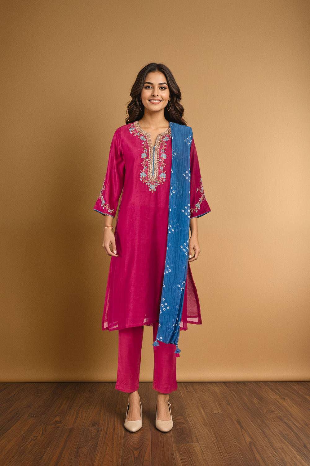 Dark Pink Pure Silk Cotton Embroidered Kurta Set image number null