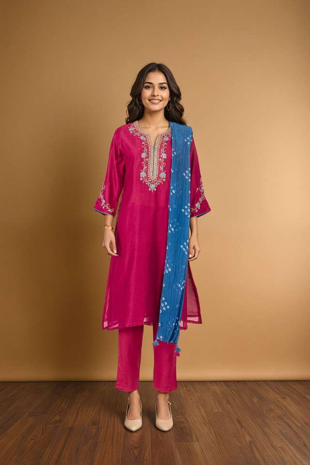 Dark Pink Pure Silk Cotton Embroidered Kurta Set thumbnail image number null