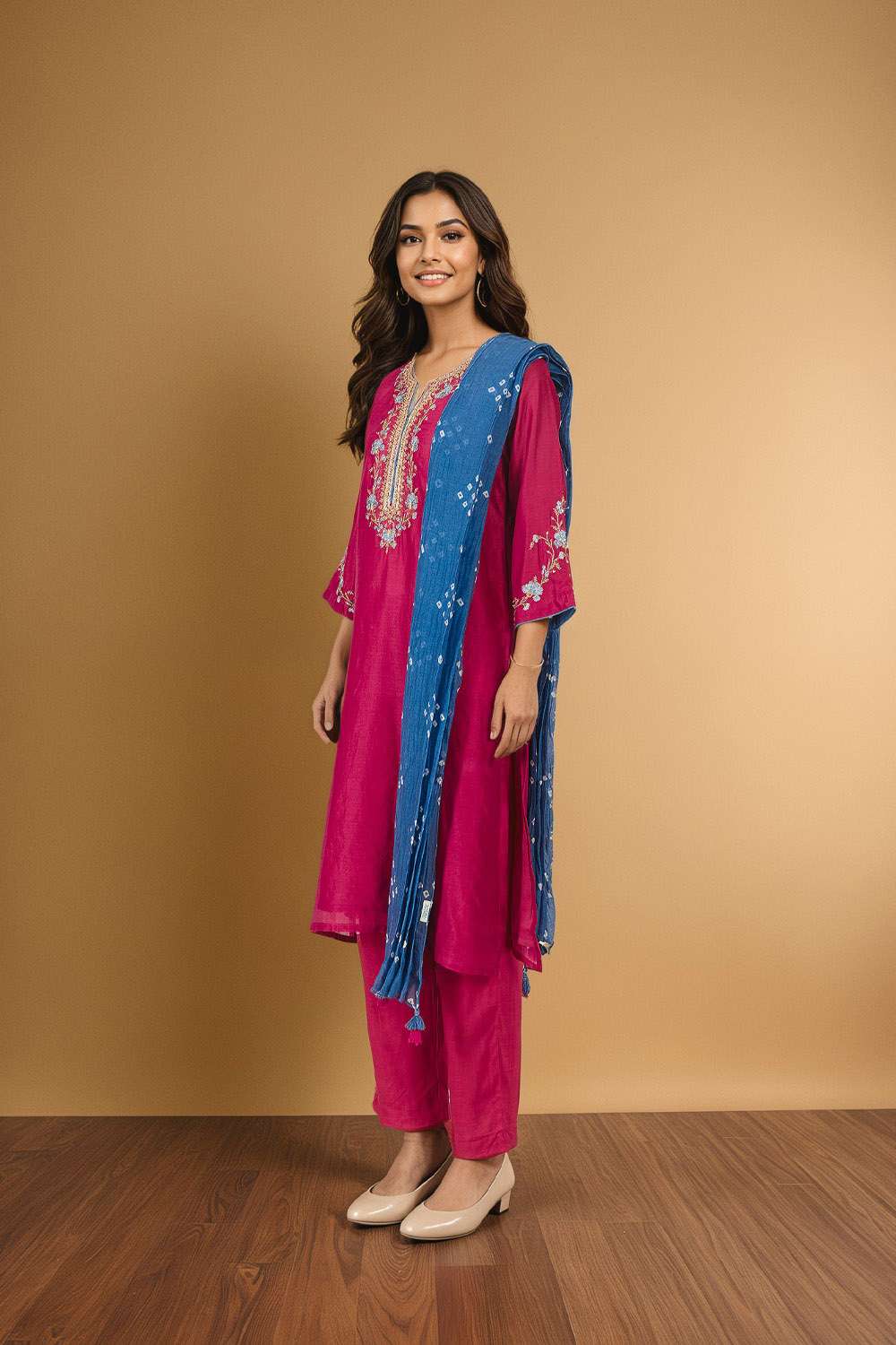 Dark Pink Pure Silk Cotton Embroidered Kurta Set image number null