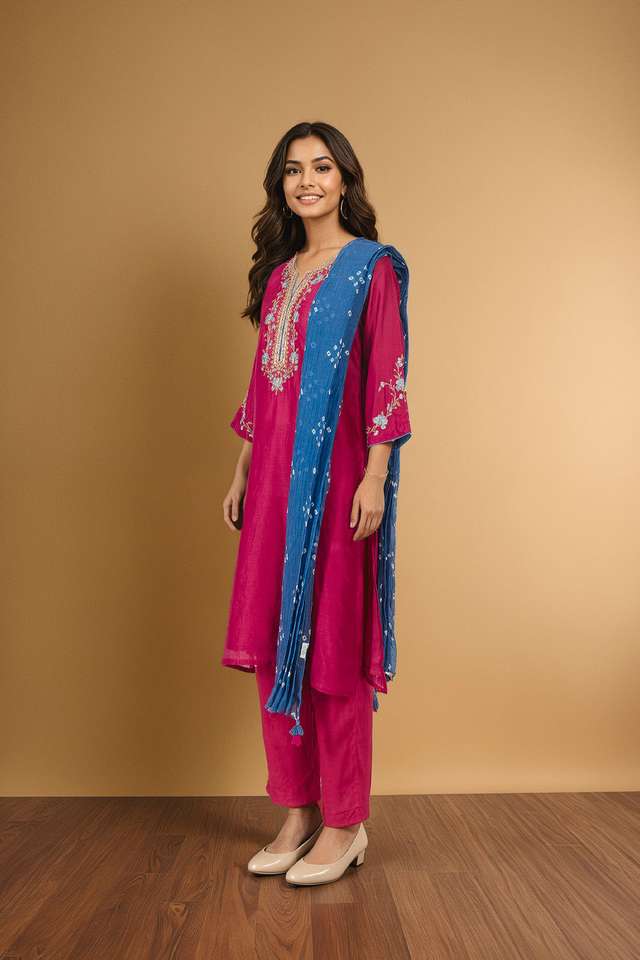 Dark Pink Pure Silk Cotton Embroidered Kurta Set thumbnail image number null