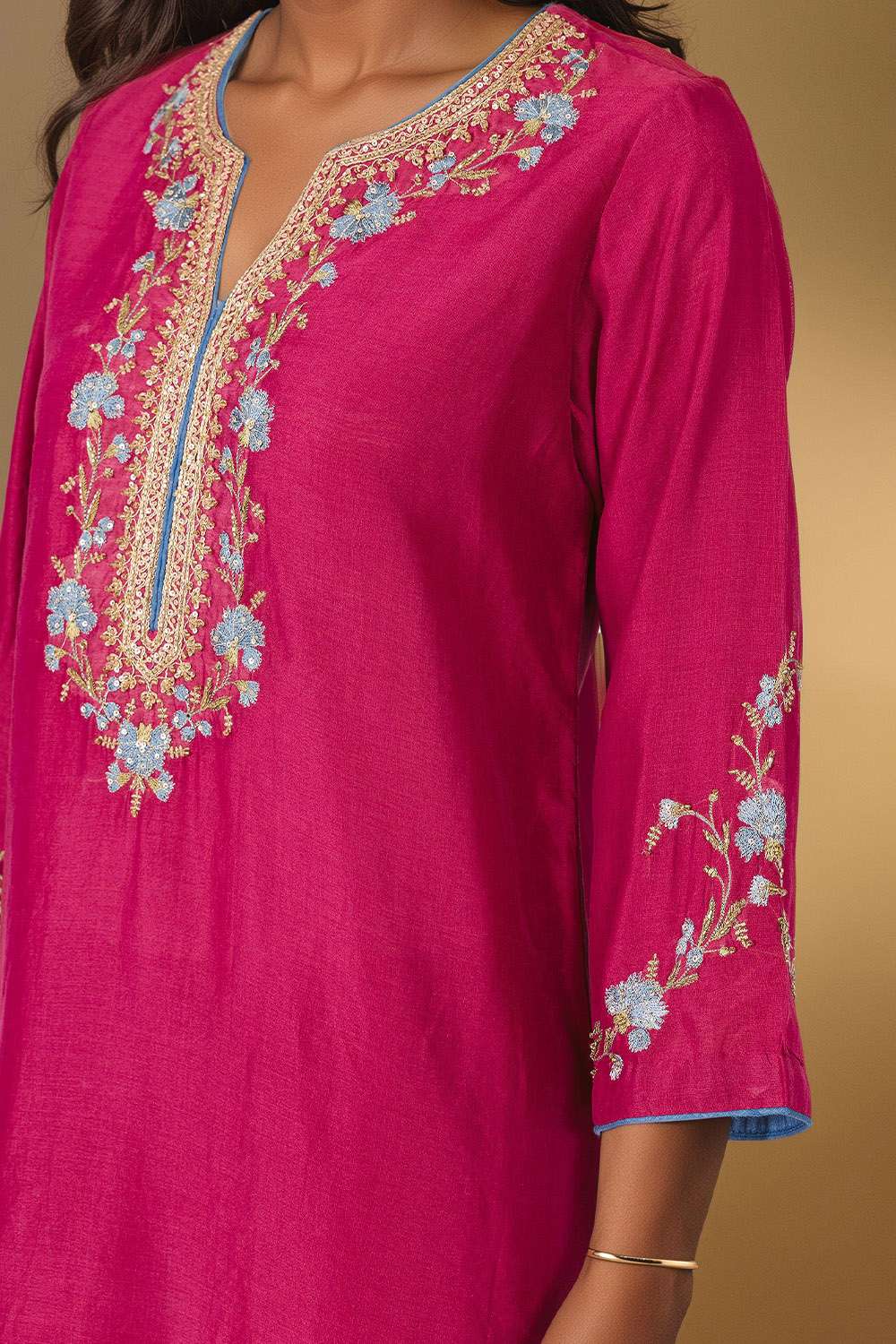 Dark Pink Pure Silk Cotton Embroidered Kurta Set image number null