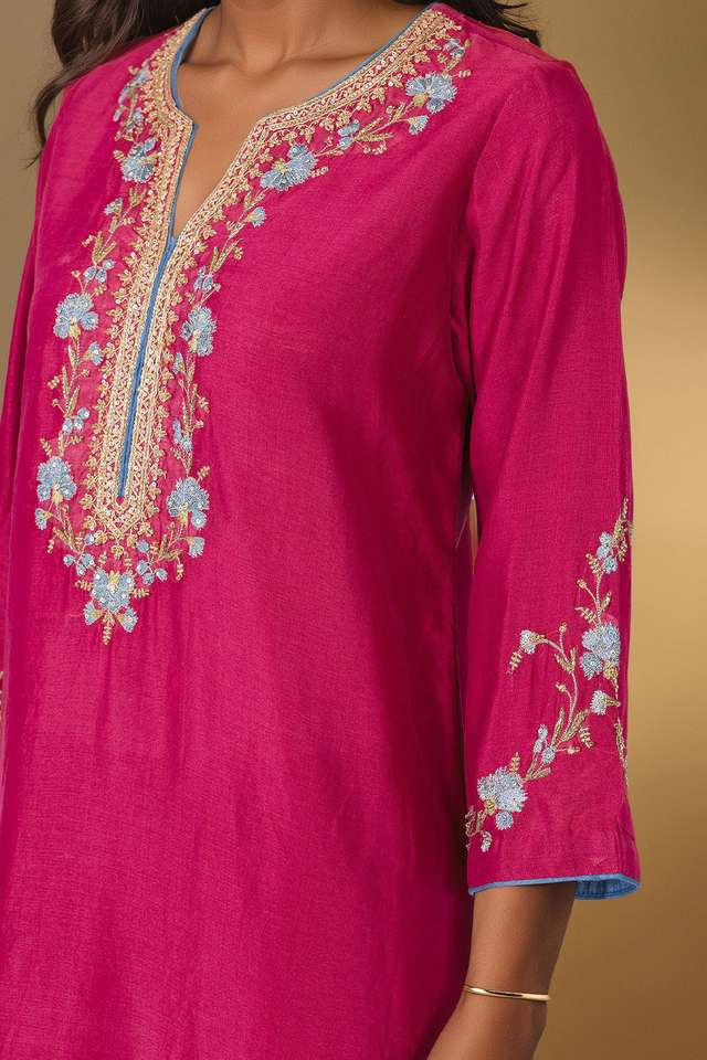 Dark Pink Pure Silk Cotton Embroidered Kurta Set thumbnail image number null