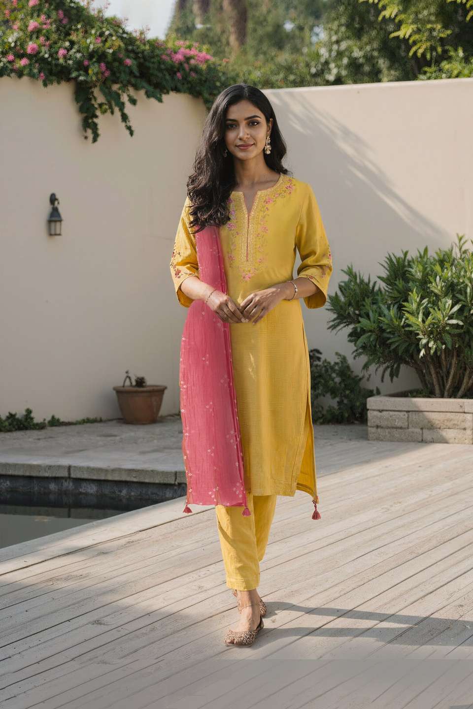 Yellow Pure Silk Cotton Embroidered Kurta Set