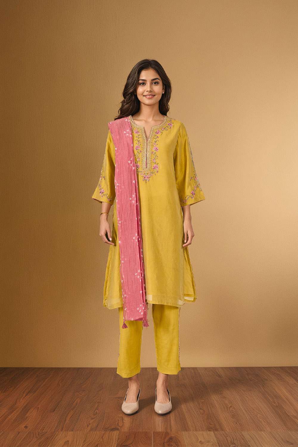 Yellow Pure Silk Cotton Embroidered Kurta Set image number null