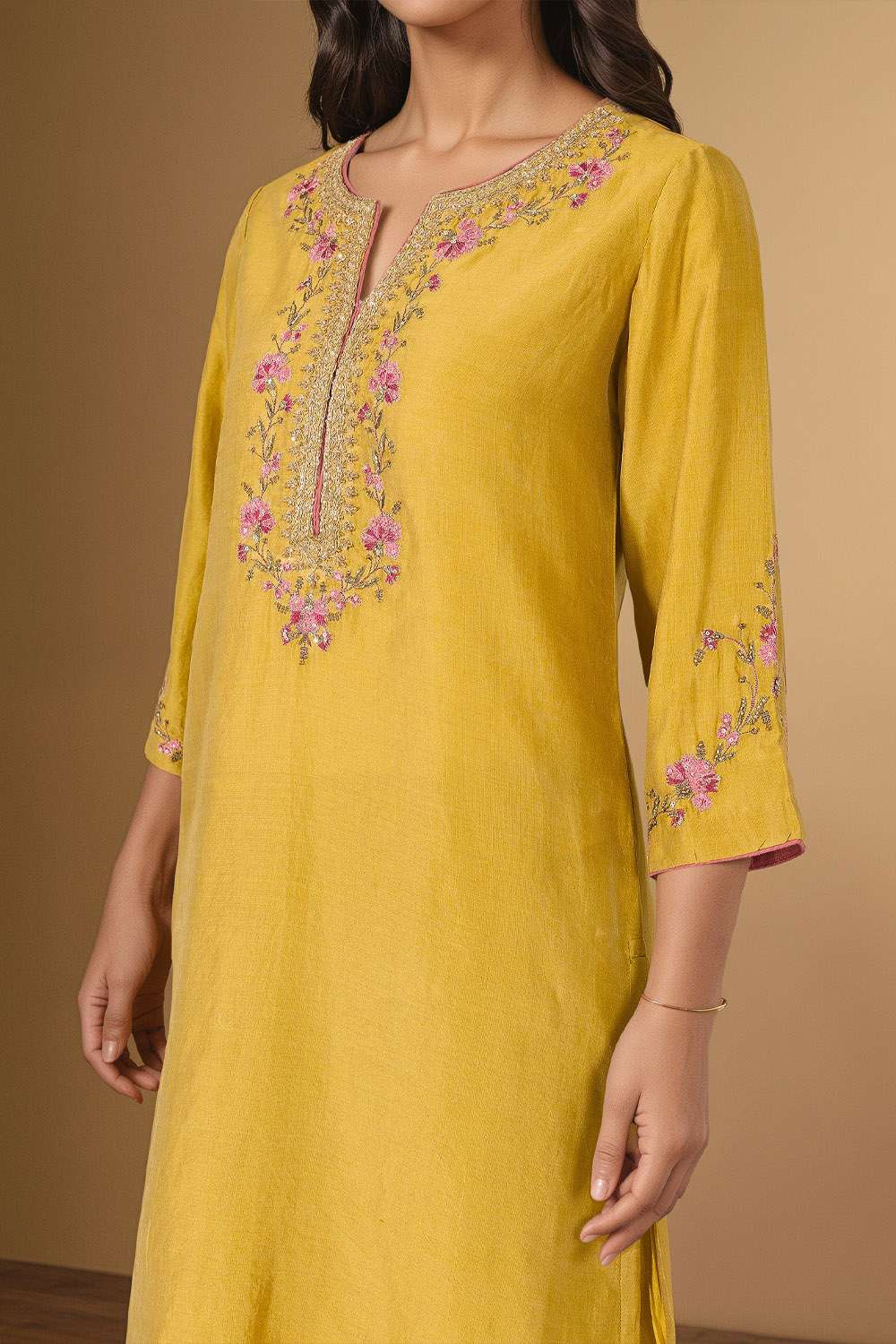 Yellow Pure Silk Cotton Embroidered Kurta Set image number null