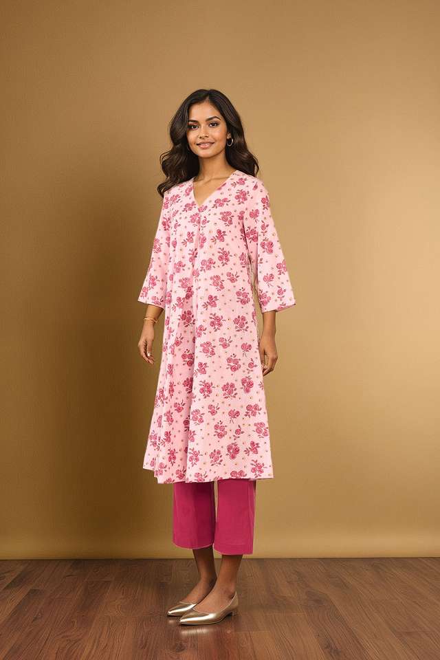 Light Pink Pure Cotton Screen Printed Kurta Set thumbnail image number null