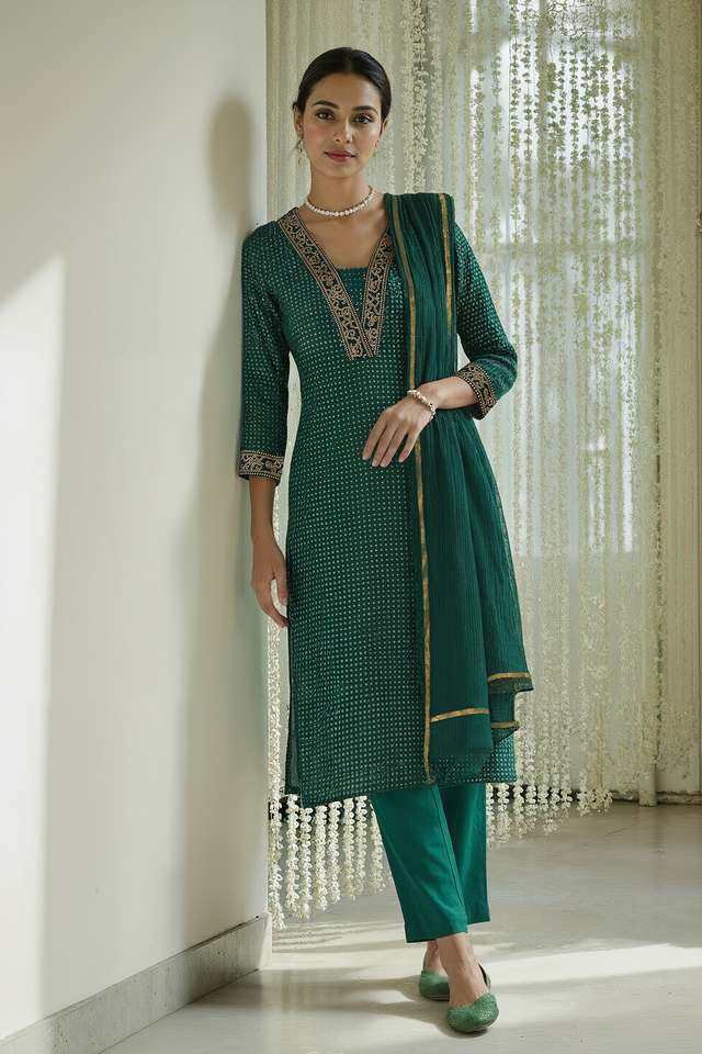 Dark Green Pure Cotton Screen Printed Kurta Set image number