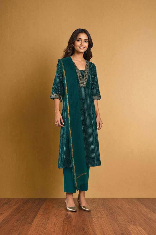 Dark Green Pure Cotton Screen Printed Kurta Set thumbnail image number null