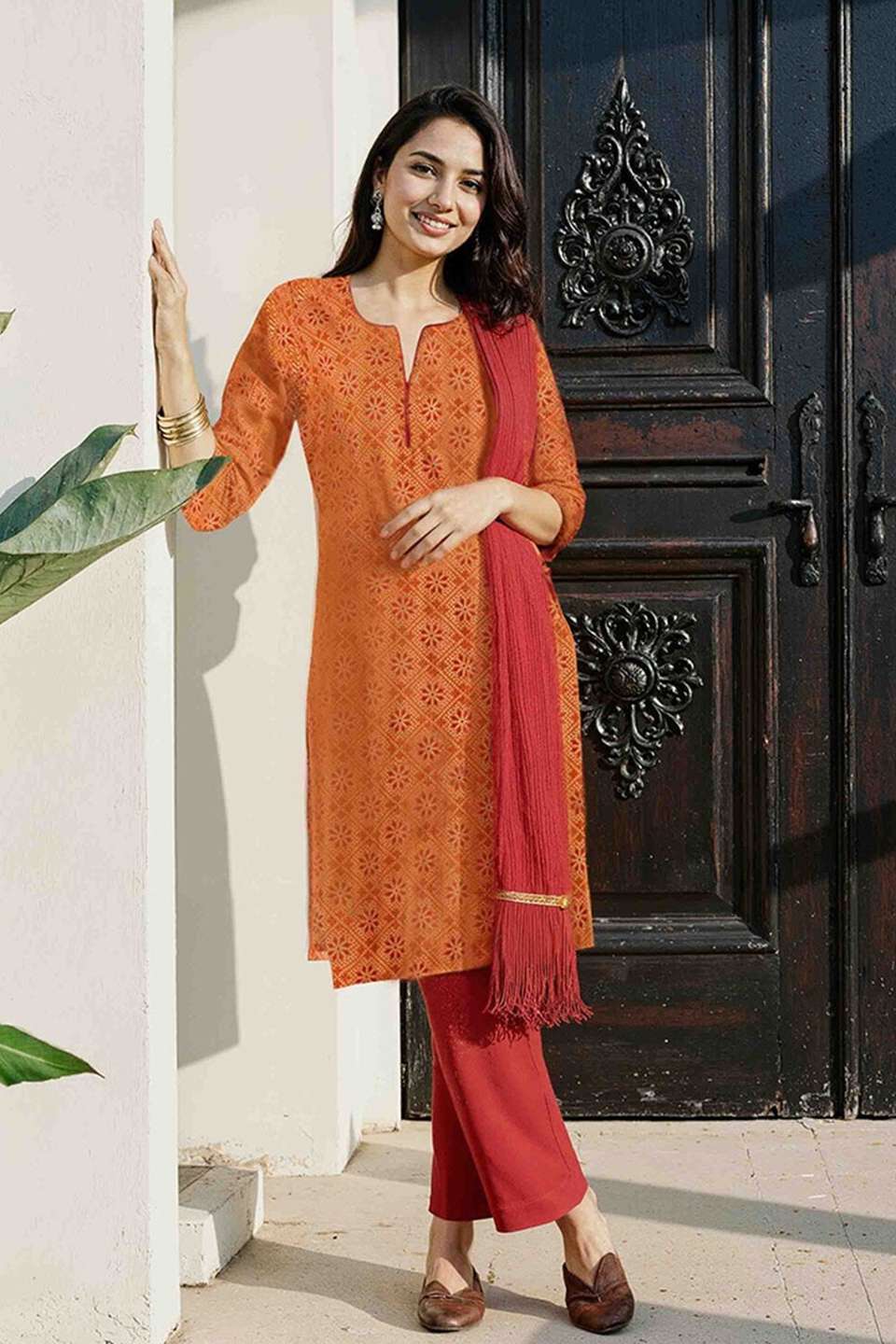 Orange Pure Cotton Screen Printed Kurta Set