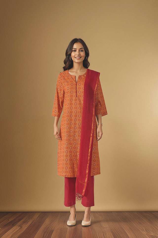 Orange Pure Cotton Screen Printed Kurta Set thumbnail image number null