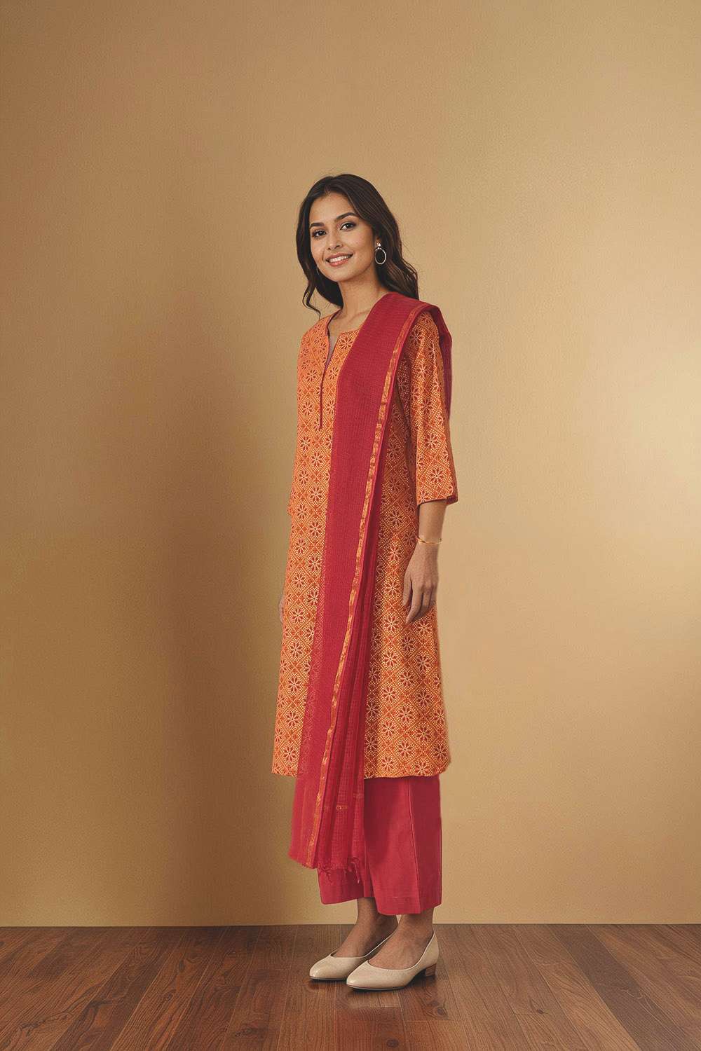 Orange Pure Cotton Screen Printed Kurta Set image number null