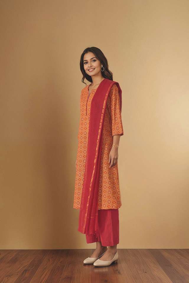 Orange Pure Cotton Screen Printed Kurta Set thumbnail image number null