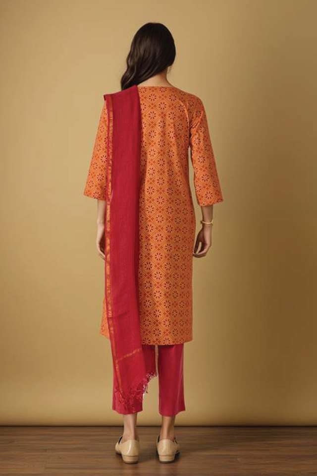 Orange Pure Cotton Screen Printed Kurta Set thumbnail image number null