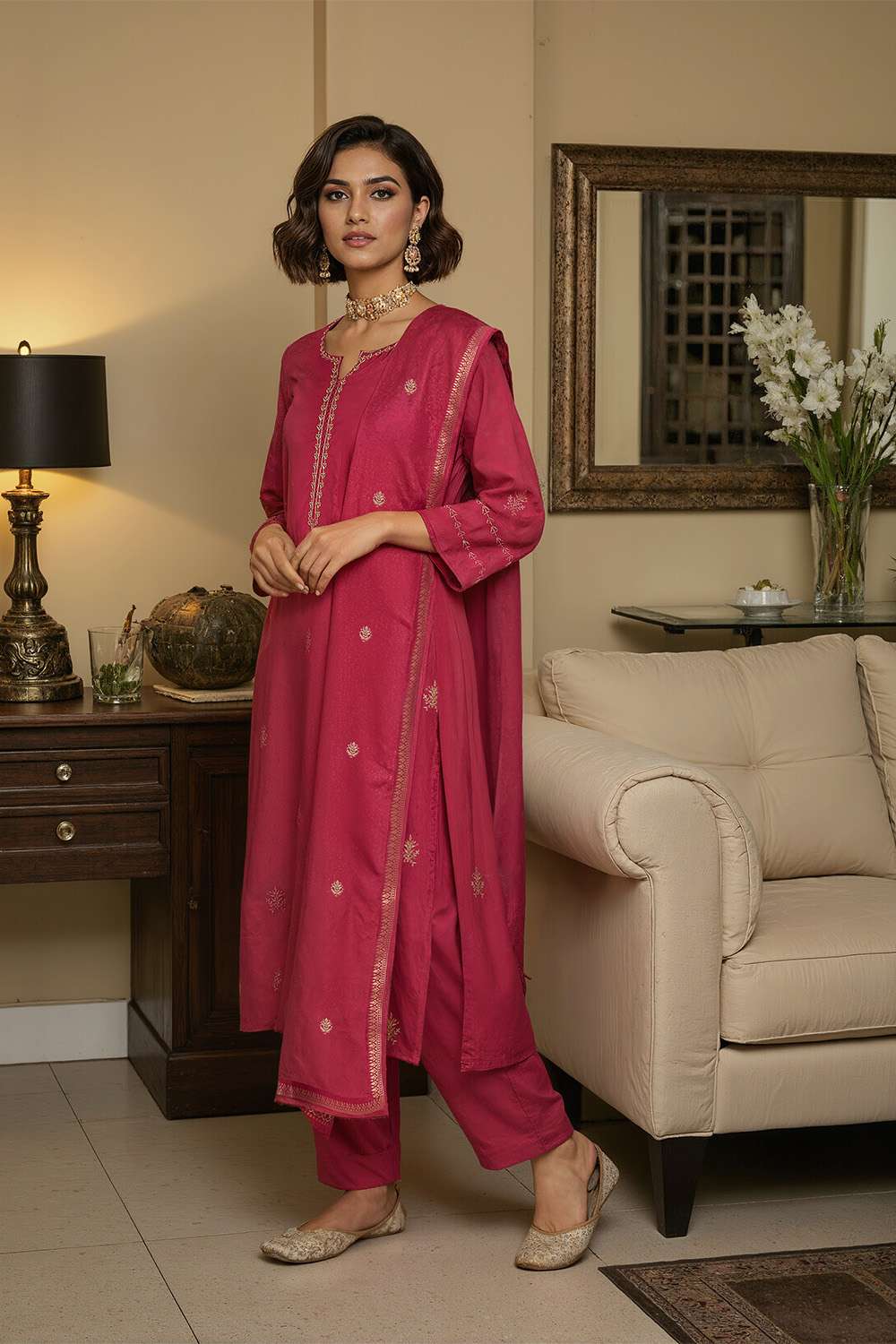 Pink Viscose Embroidered Kurta Set image number null