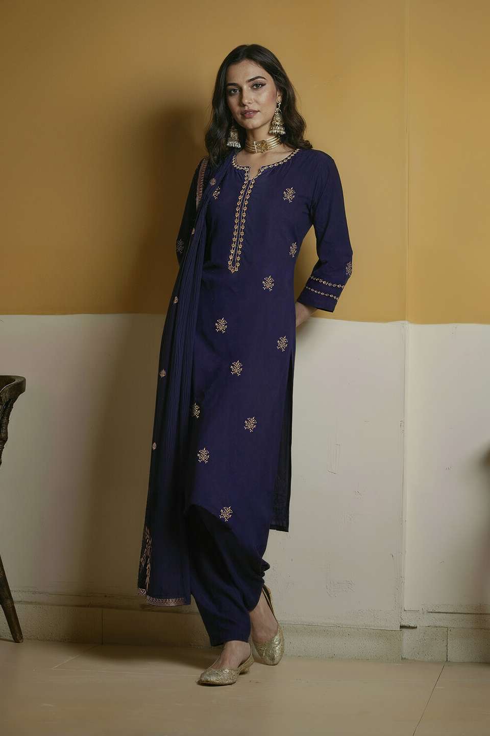Dark Blue Viscose Embroidered Kurta Set