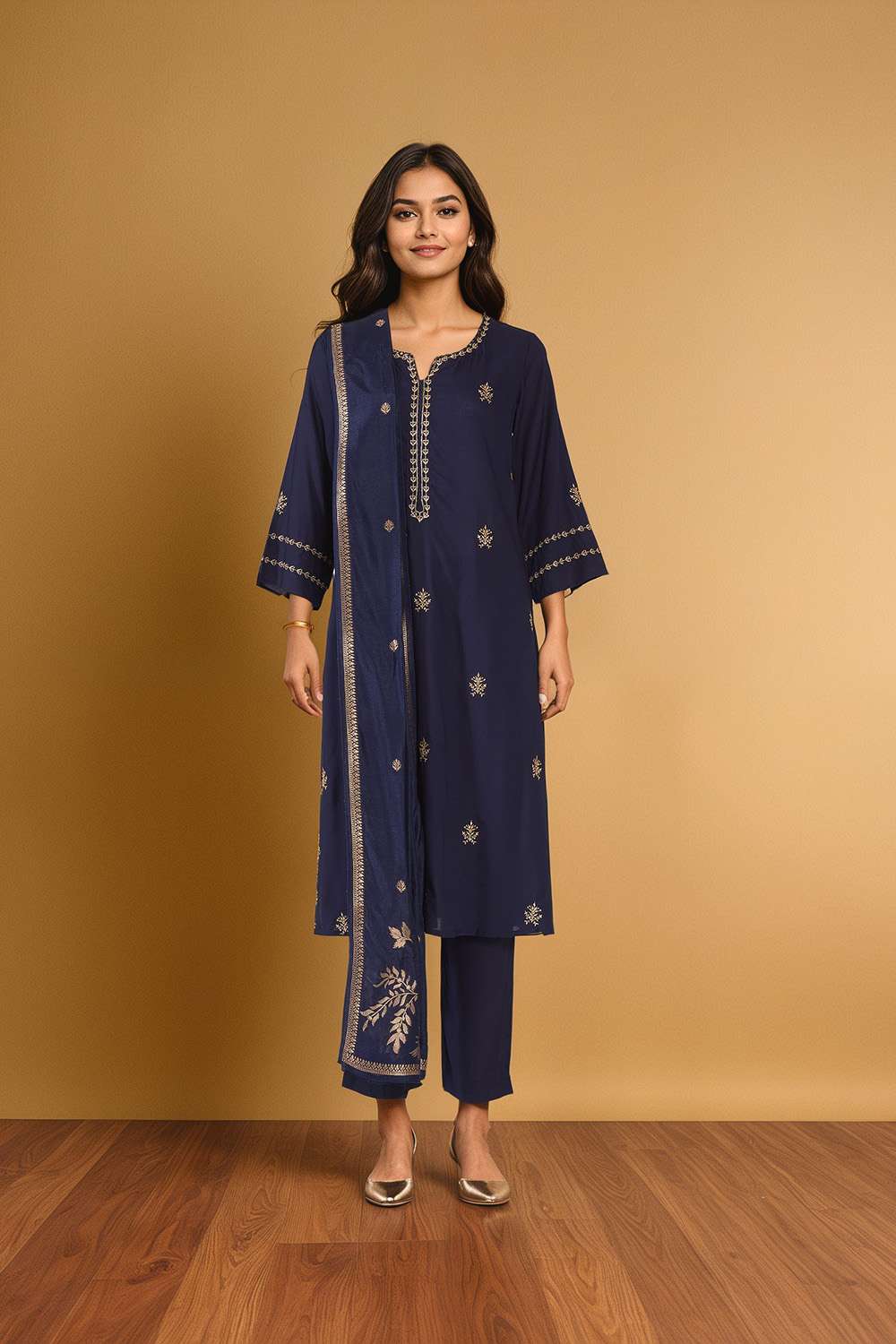 Dark Blue Viscose Embroidered Kurta Set image number null