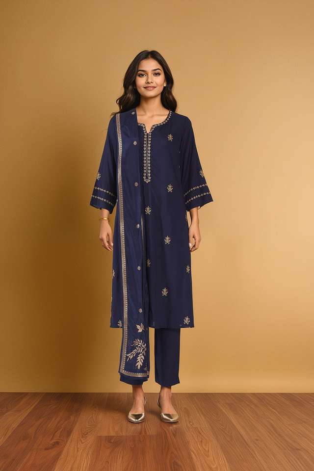 Dark Blue Viscose Embroidered Kurta Set thumbnail image number null