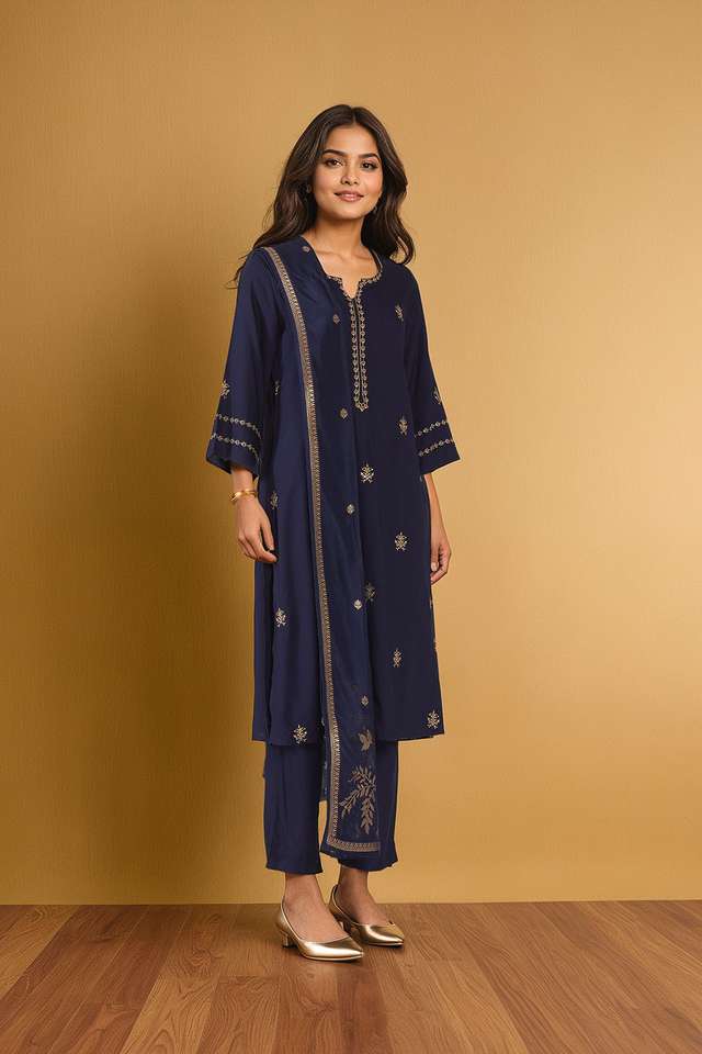 Dark Blue Viscose Embroidered Kurta Set thumbnail image number null