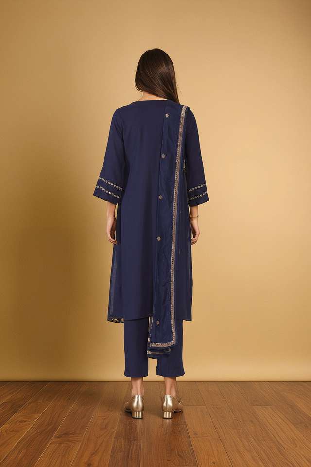 Dark Blue Viscose Embroidered Kurta Set thumbnail image number null