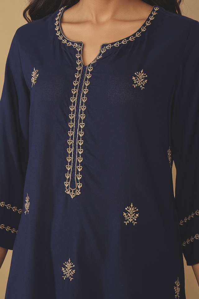 Dark Blue Viscose Embroidered Kurta Set thumbnail image number null