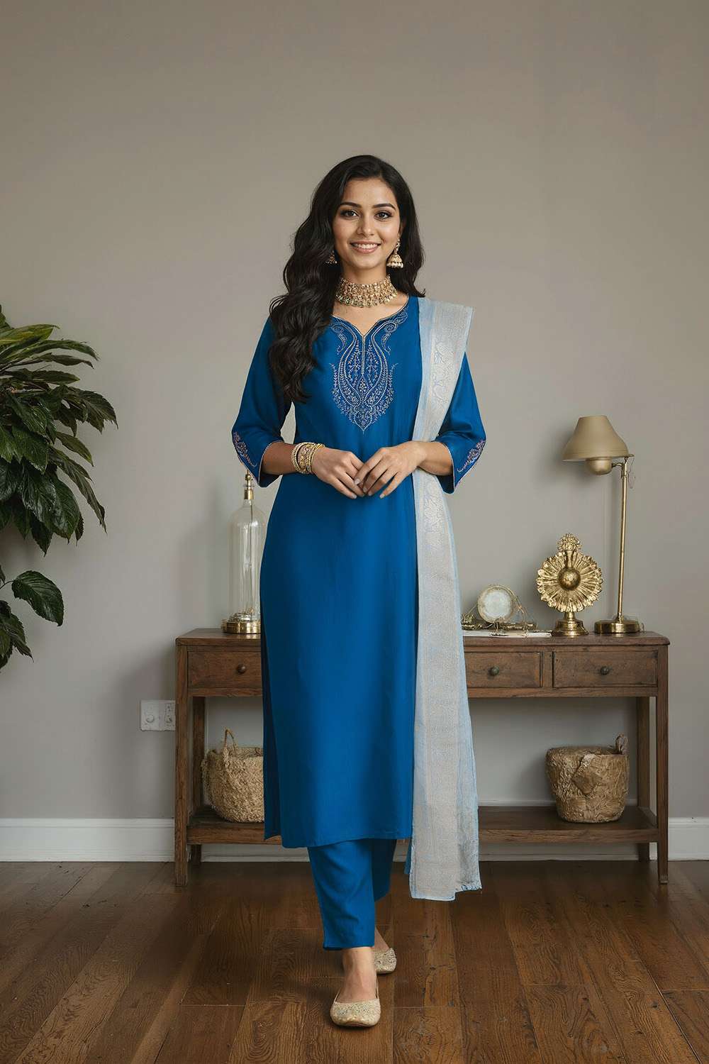 Blue Pure Viscose Embroidered Kurta Set image number null