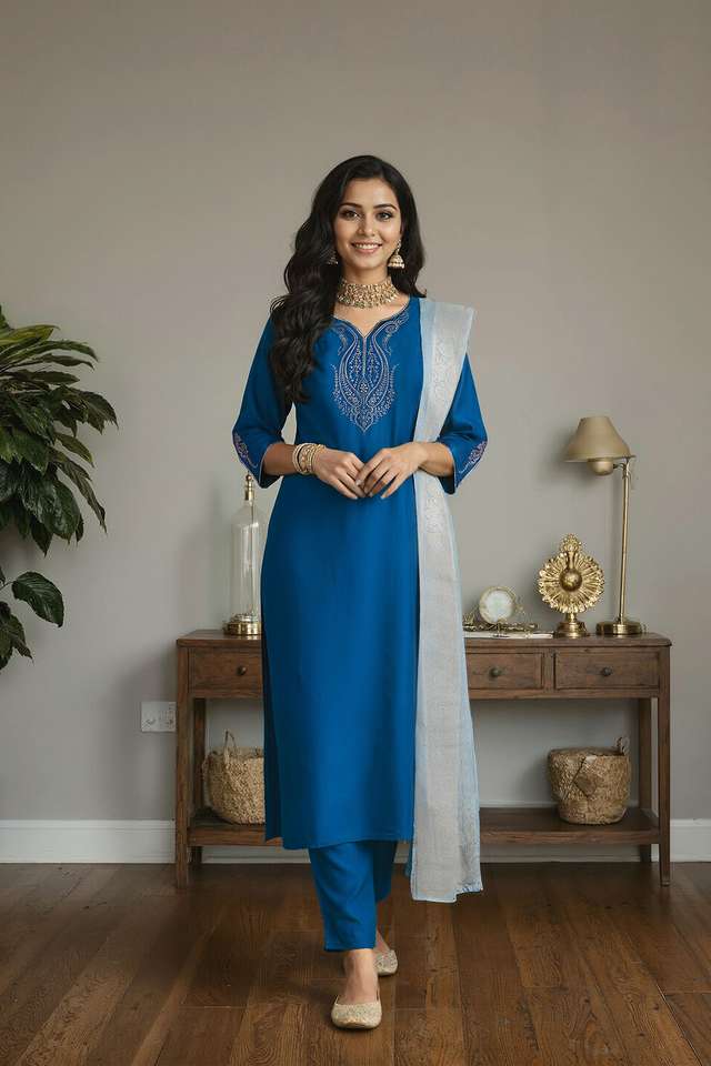 Blue Pure Viscose Embroidered Kurta Set image number