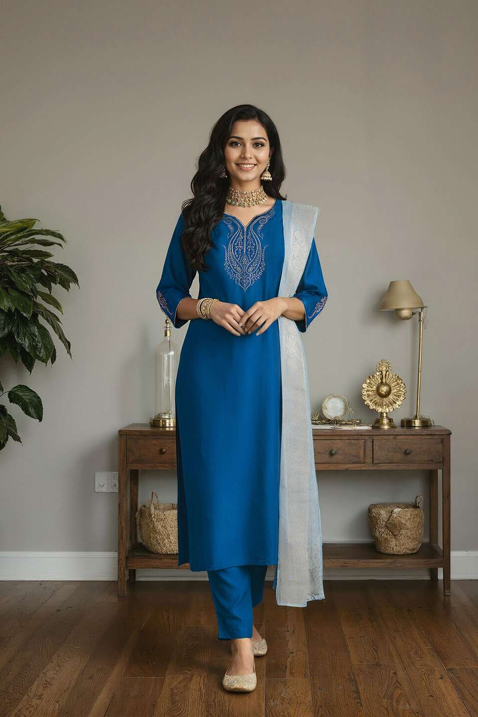 Blue Pure Viscose Embroidered Kurta Set