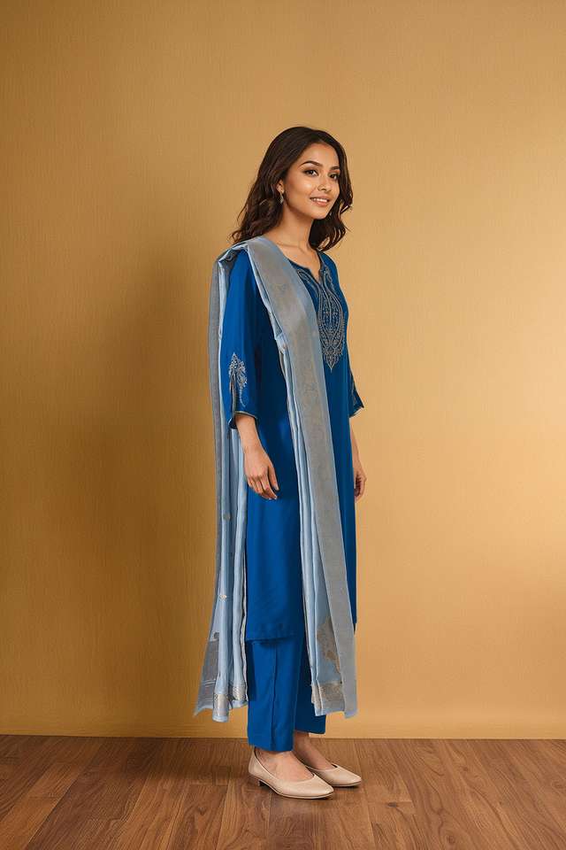Blue Pure Viscose Embroidered Kurta Set thumbnail image number null