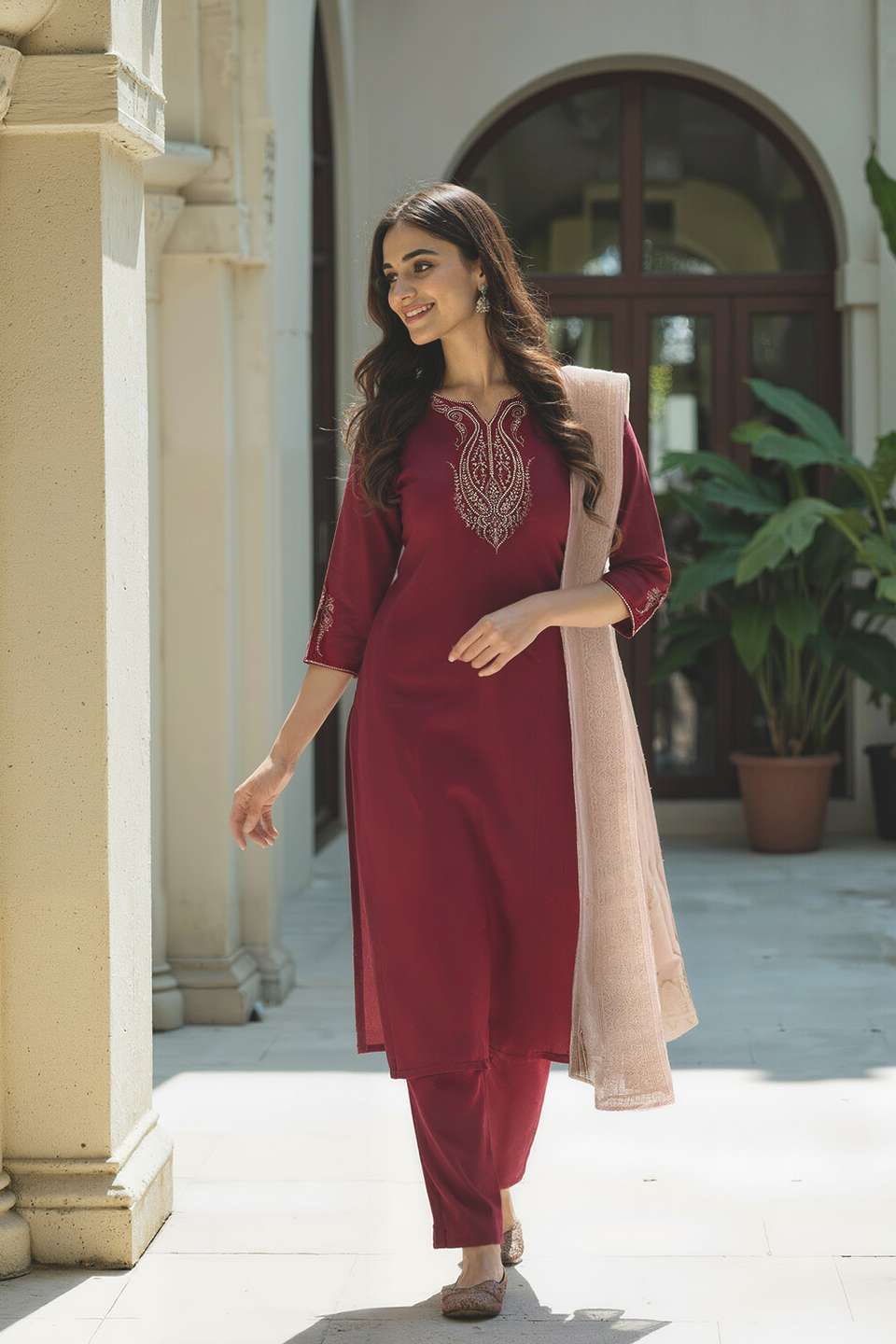 Dark Pink Embroidered Pure Viscose Kurta Set