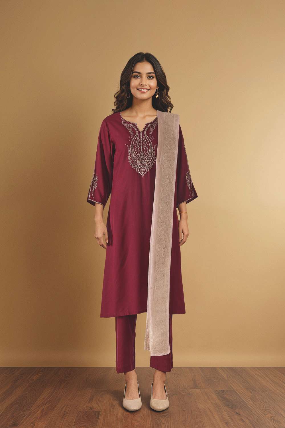 Dark Pink Embroidered Pure Viscose Kurta Set image number null