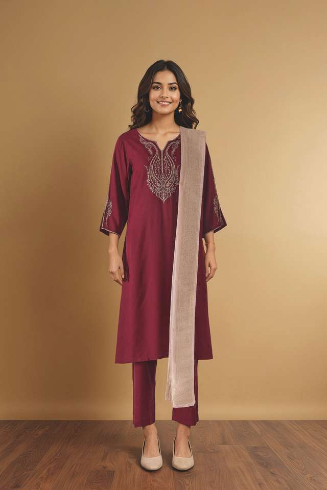 Dark Pink Embroidered Pure Viscose Kurta Set thumbnail image number null