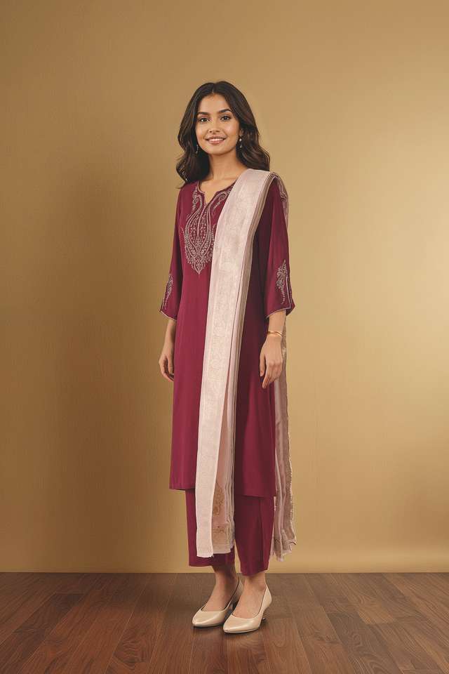 Dark Pink Embroidered Pure Viscose Kurta Set thumbnail image number null