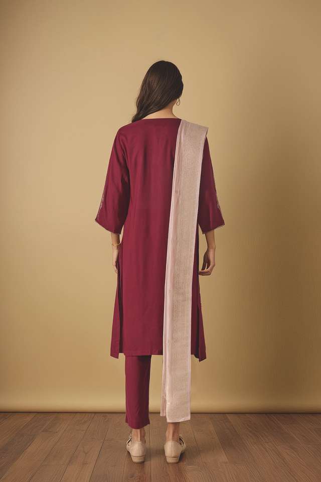 Dark Pink Embroidered Pure Viscose Kurta Set thumbnail image number null