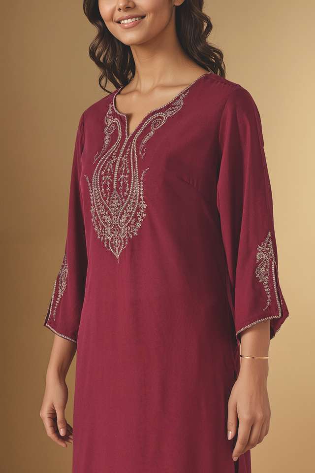 Dark Pink Embroidered Pure Viscose Kurta Set thumbnail image number null