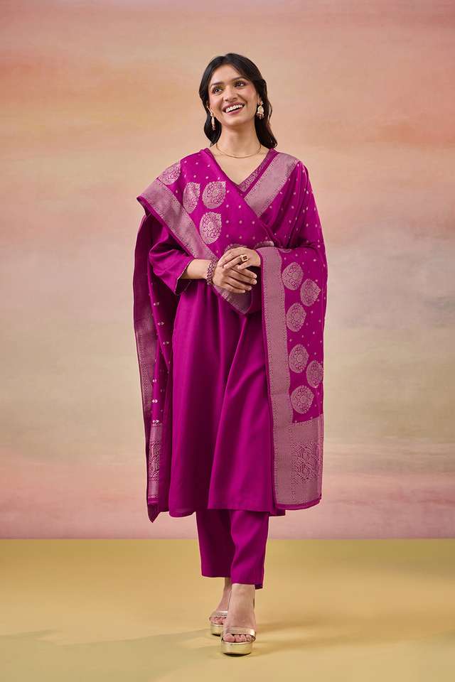 Violet Brocade Pure Viscose Kurta Set image number