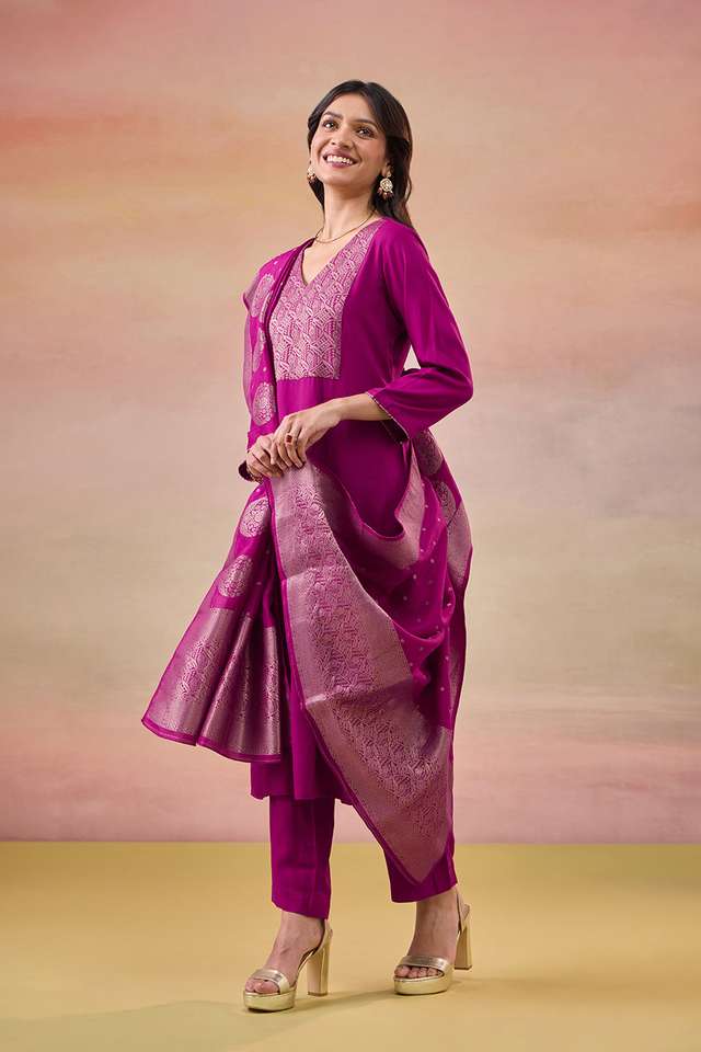 Violet Brocade Pure Viscose Kurta Set thumbnail image number null