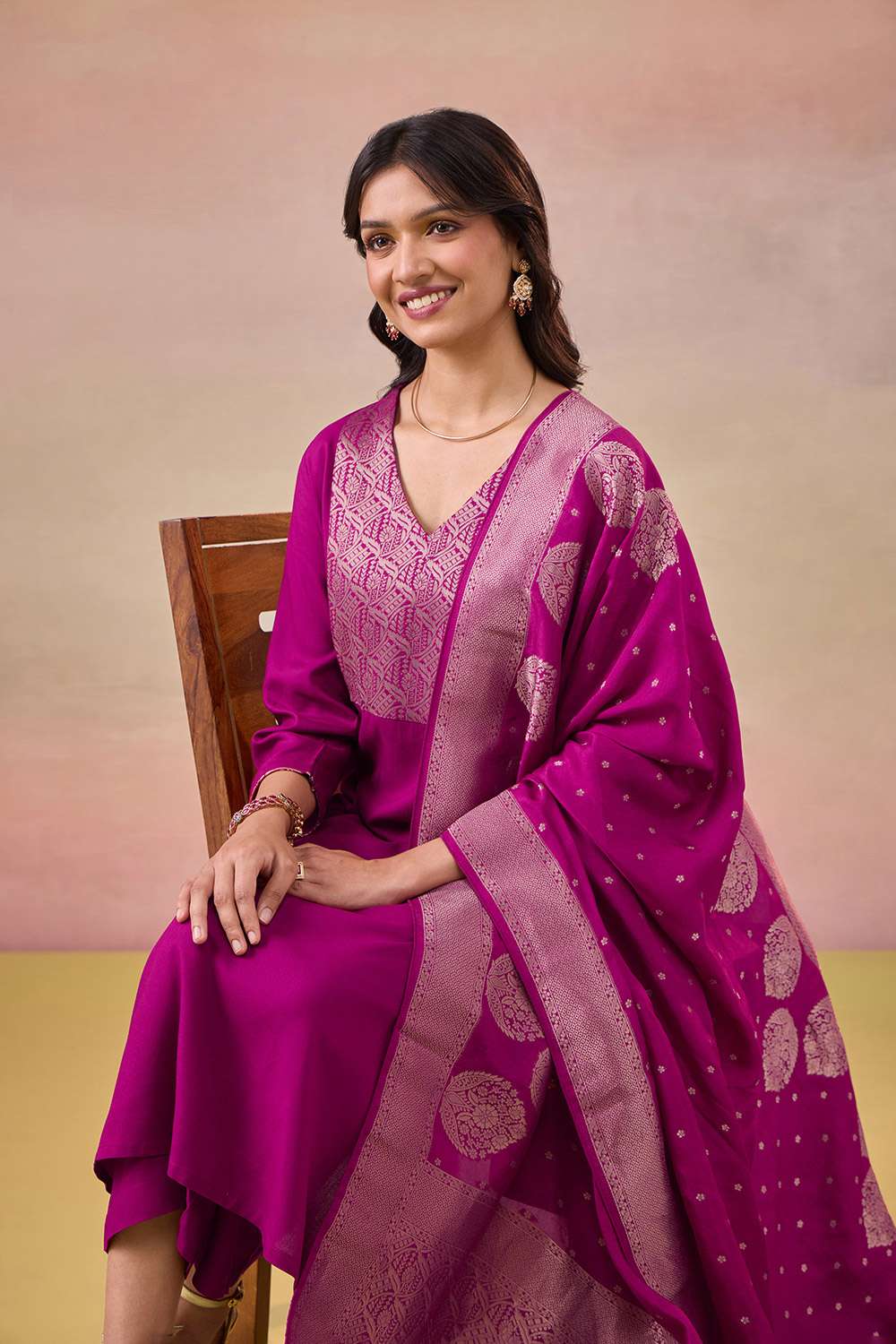 Violet Brocade Pure Viscose Kurta Set image number null