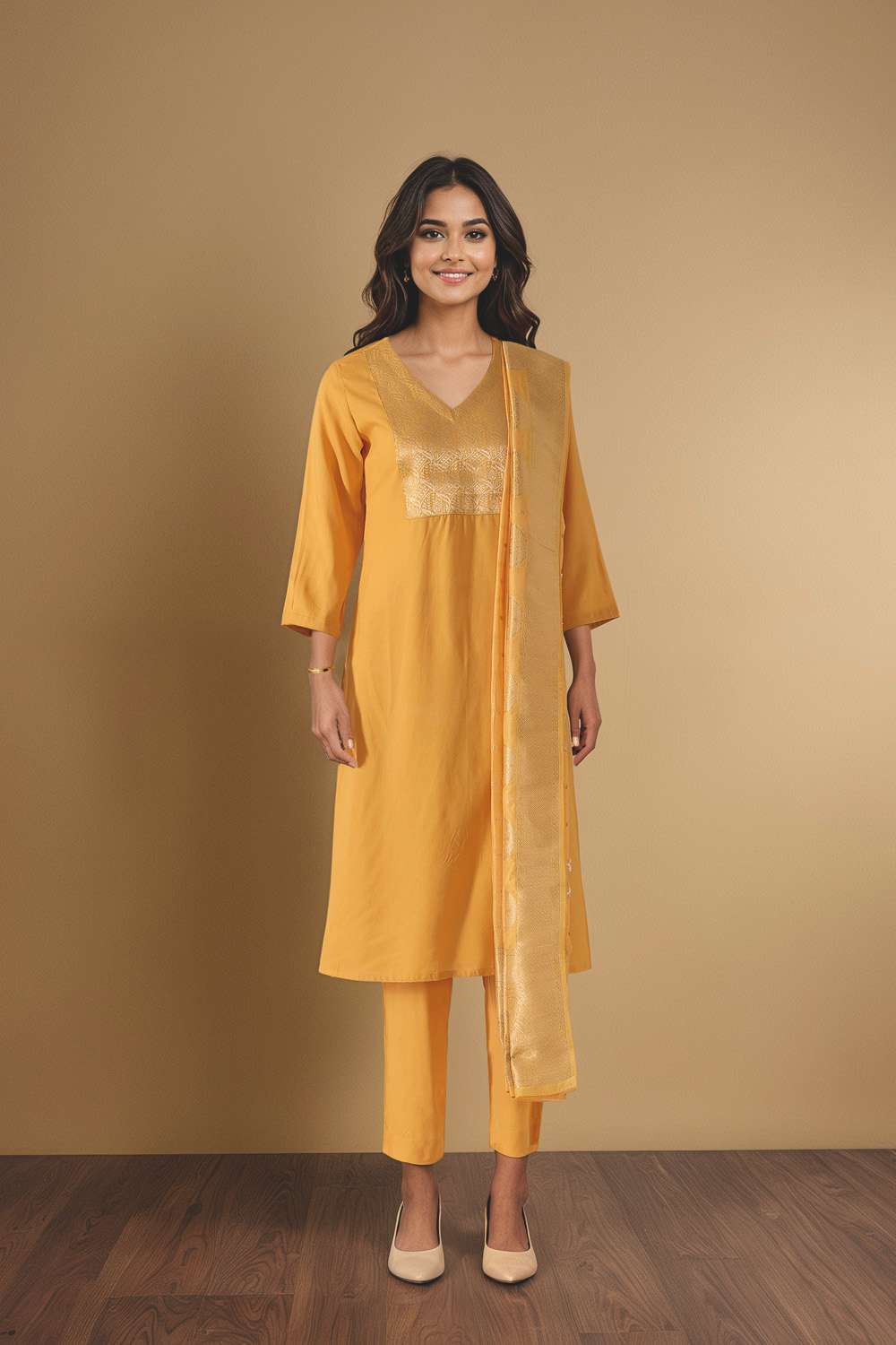 Yellow Brocade Pure Viscose Kurta Set image number null