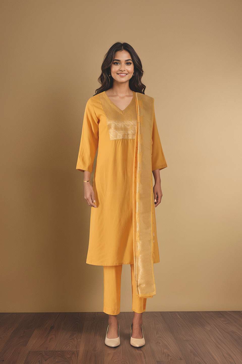 Yellow Brocade Pure Viscose Kurta Set