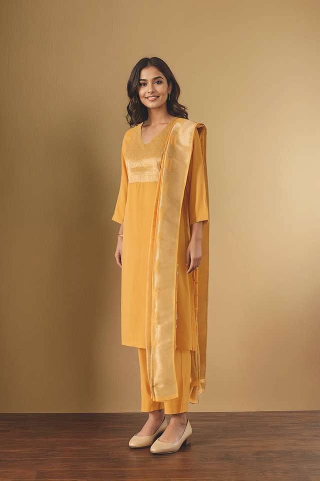 Yellow Brocade Pure Viscose Kurta Set thumbnail image number null