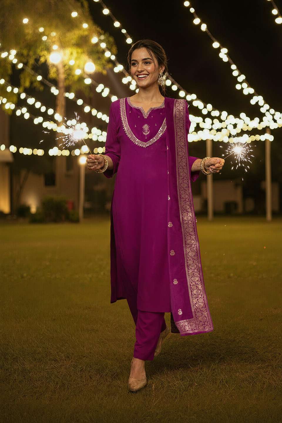 Purple Viscose Embroidered Kurta Set