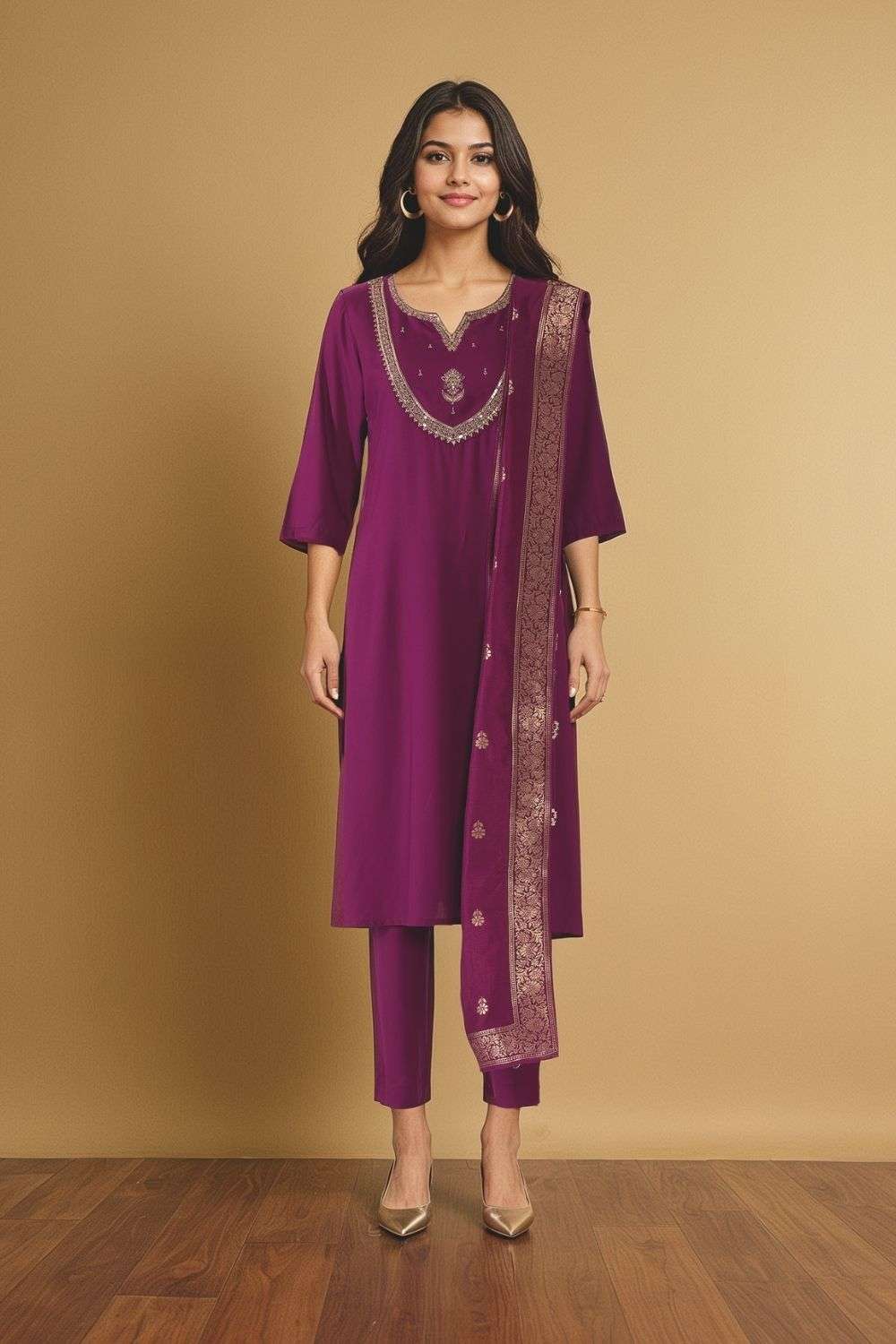 Purple Viscose Embroidered Kurta Set image number null
