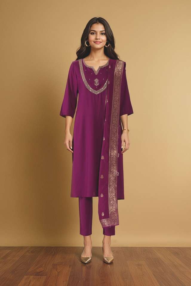 Purple Viscose Embroidered Kurta Set thumbnail image number null