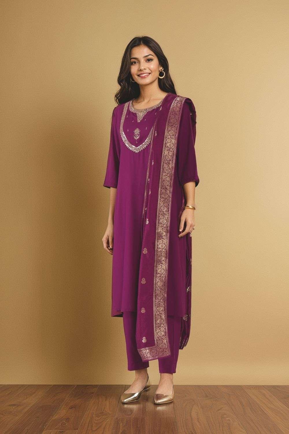 Purple Viscose Embroidered Kurta Set image number null